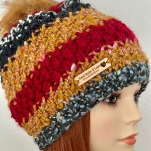 Hand Knits 2 Love Beanie Hat Cap Slouch Faux Fur Pom Pom Designer Semi Chunky